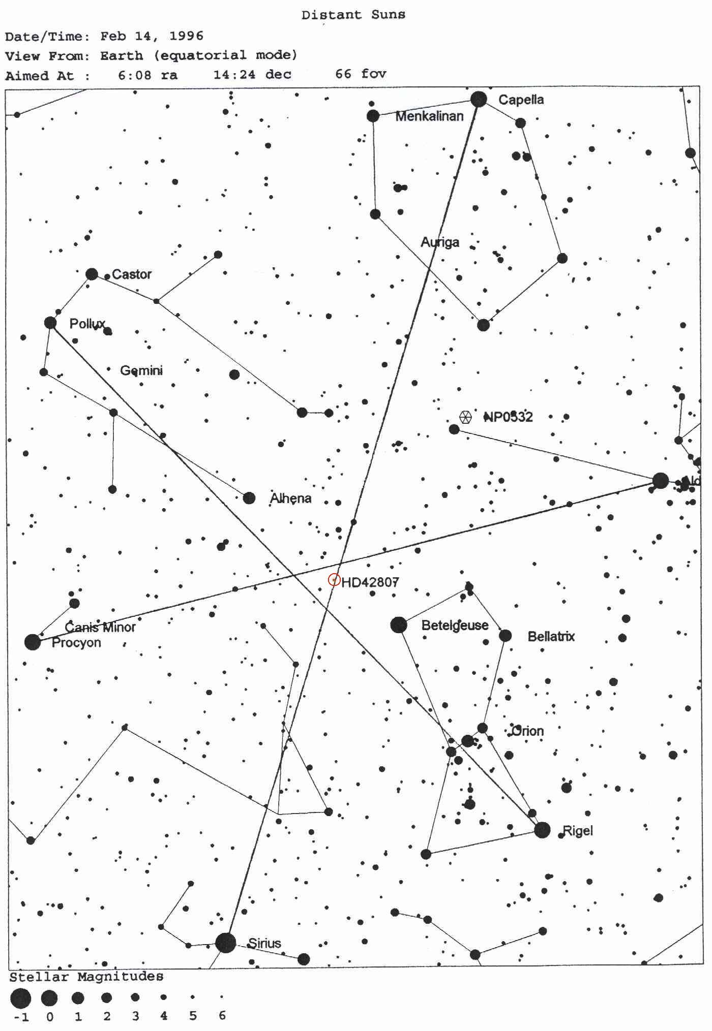 In the centre of the "Winter Hexagon", in an alignment of six mighty constellations of stars, there is a sun-like star. It has no name but a number: HD 42807. On or around the second of its planets life is possible. (Copyright Koch)